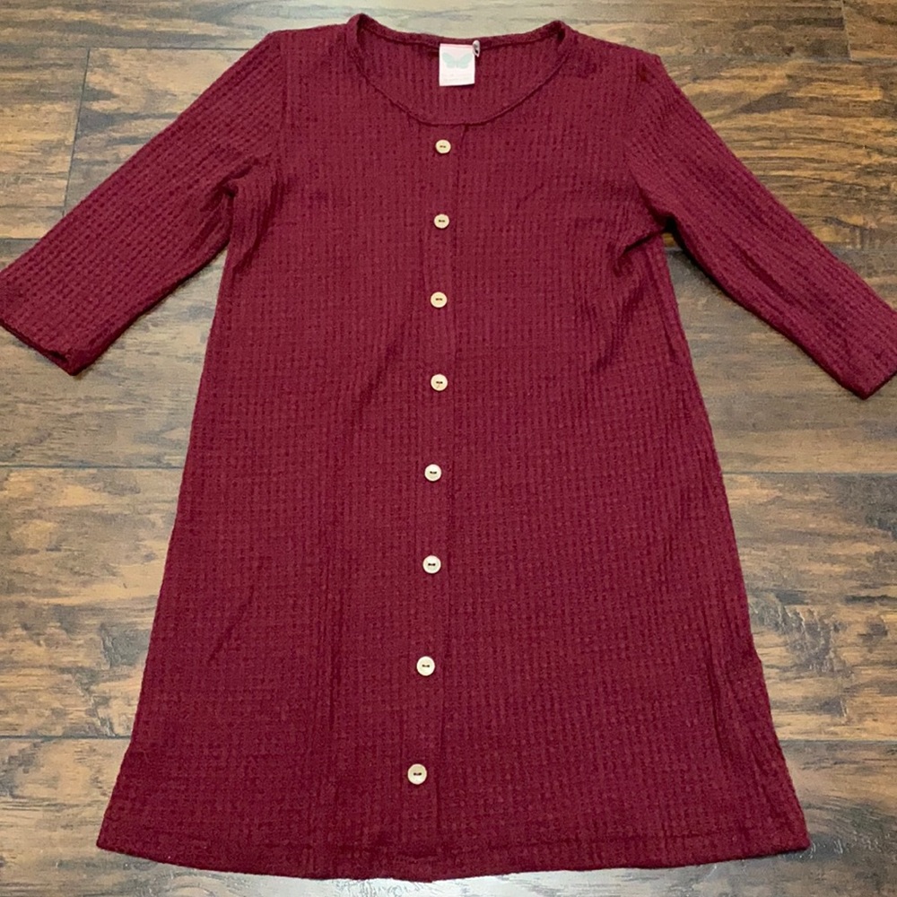 Waffle knit dress tunic button front L
